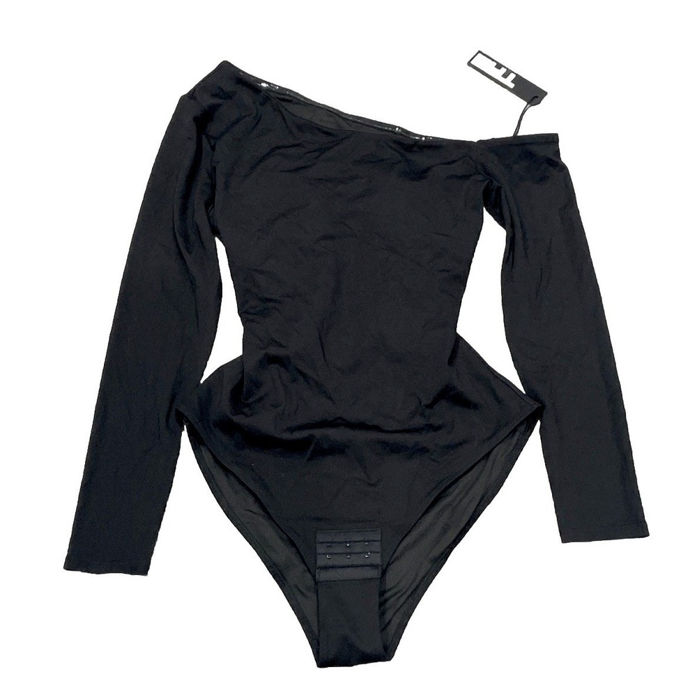 NWT TA3 Shapey Long Sleeve One Shoulder Bodysuit Black Lace-Back Shape Wear Sz M